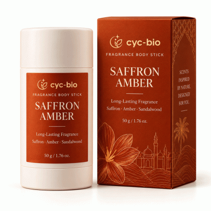 Saffron Amber fragrance body stick in 50 g packaging