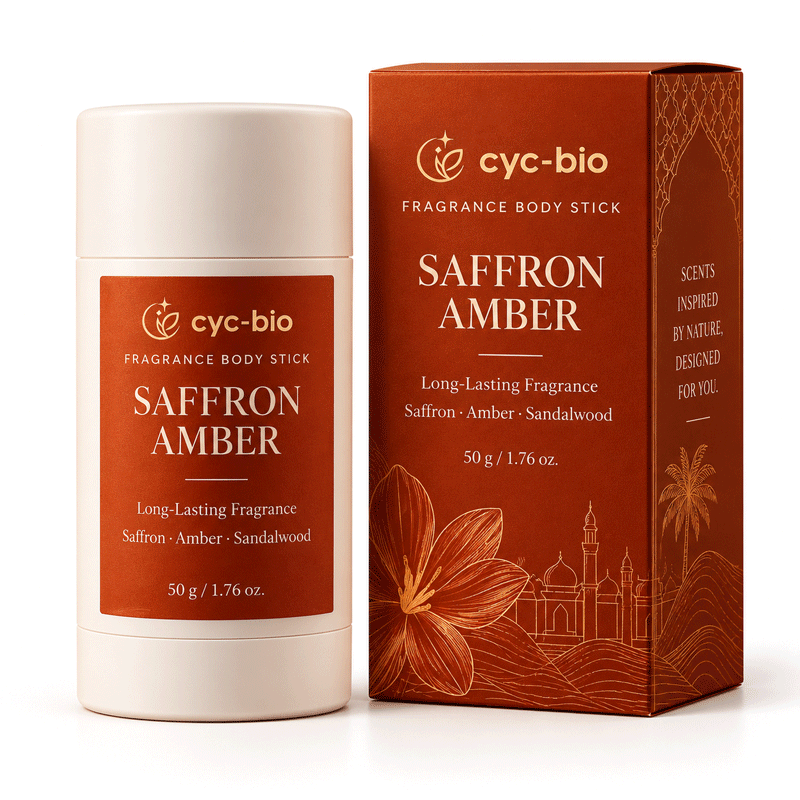 Saffron Amber fragrance body stick in 50 g packaging
