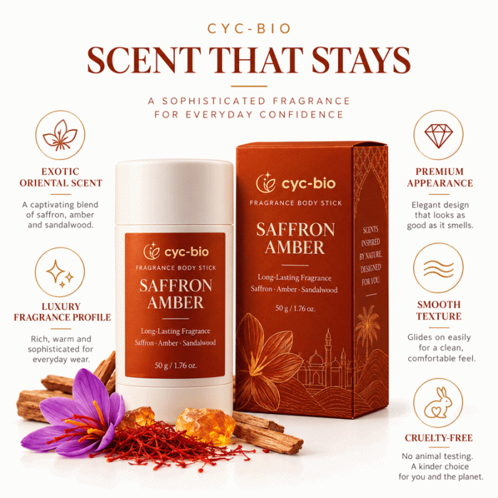 Saffron Amber Fragrance Body Stick – 50g - Image 3